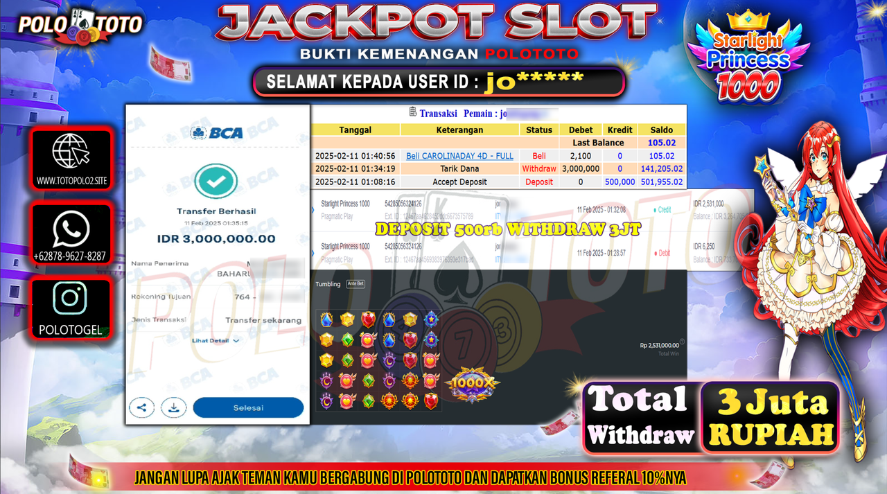 POLOTOTO JACKPOT SLOT STARLIGHT PRINCESS 1000 Rp.3.000.000,-