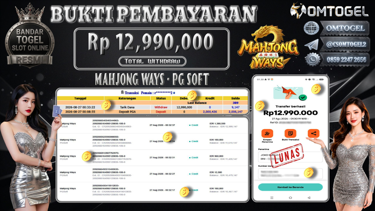 OMTOGEL JACKPOT PG SOFT MAHJONG WAYS Rp,12,990,000,- DIBAYAR LUNAS 