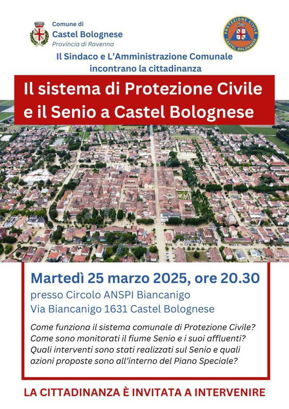Martedì 25 marzo incontro pubblico per conoscere il sistema di Protezione Civile e il Piano Speciale per la sicurezza idraulica