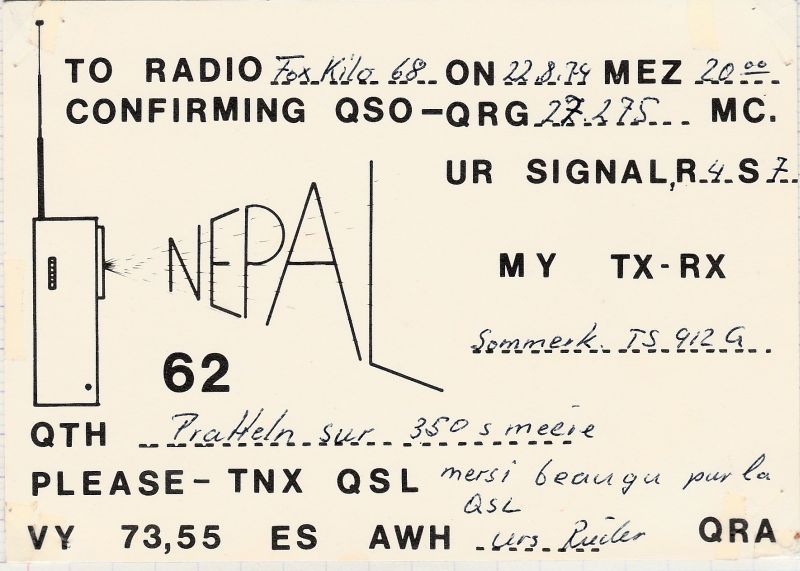 QSLs 27 Mhz de stations Suisses. QSL-NEPAL62-CH-08-74