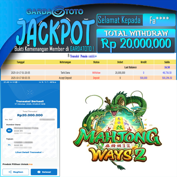 JACKPOT DI PERMAINAN  SLOT PG SOFT MAHJONG WAYS 2  WD Rp 20.000.000,- DIBAYAR LUNAS GARDATOTO MANTAP !
