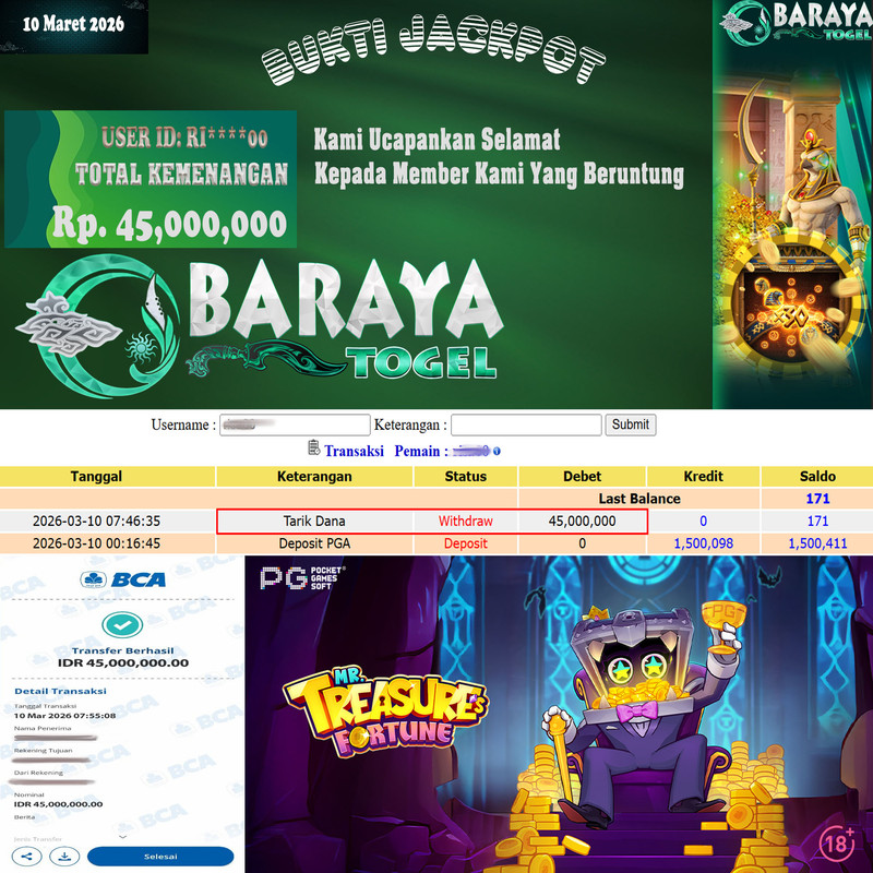 Rp. 45.000.000.- WD LUNAS DI BARAYATOGEL