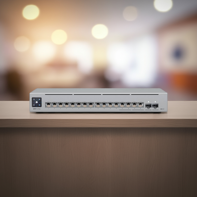 Dashboard do UniFi Network Controller gerenciando o switch Pro Max 16