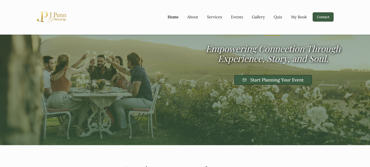 Custom website design for J Penn Planning, an event planning and connection coaching business based in Utah