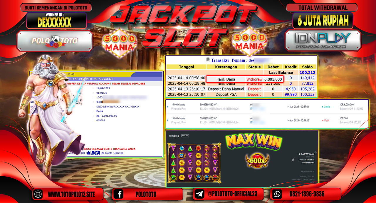 POLOTOTO JACKPOT SLOT 15.000X MANIA  Rp.6.001.000,- LUNAS