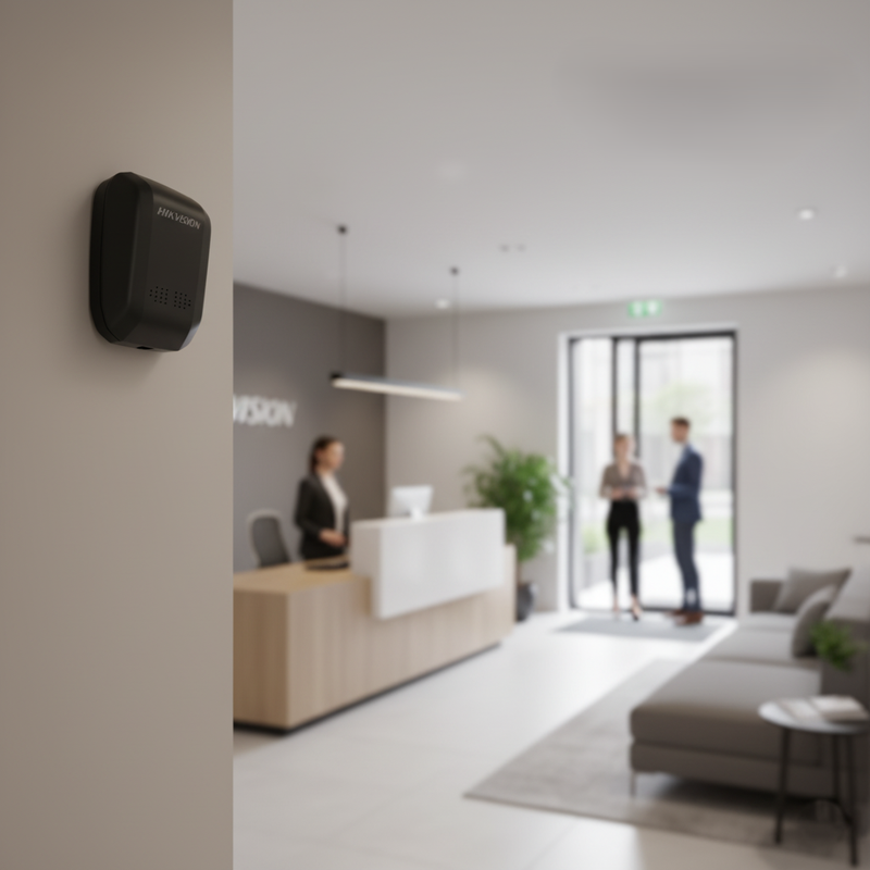 Câmera Hikvision instalada no teto de um ambiente comercial