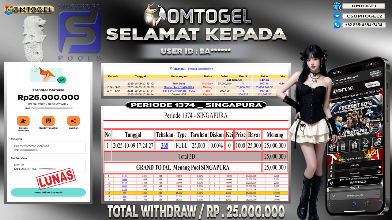 OMTOGEL JACKPOT SINGAPORE 3D 25 JUTA DI BAYAR LUNAS ,-