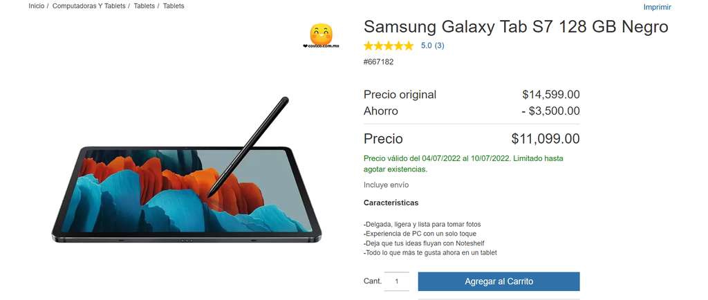 Costco: Samsung Galaxy Tab S7 128 GB Negro *baja más con cupon de paypal* 