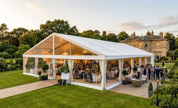 Large wedding marquee used for corporate annual meeting and gala dinner