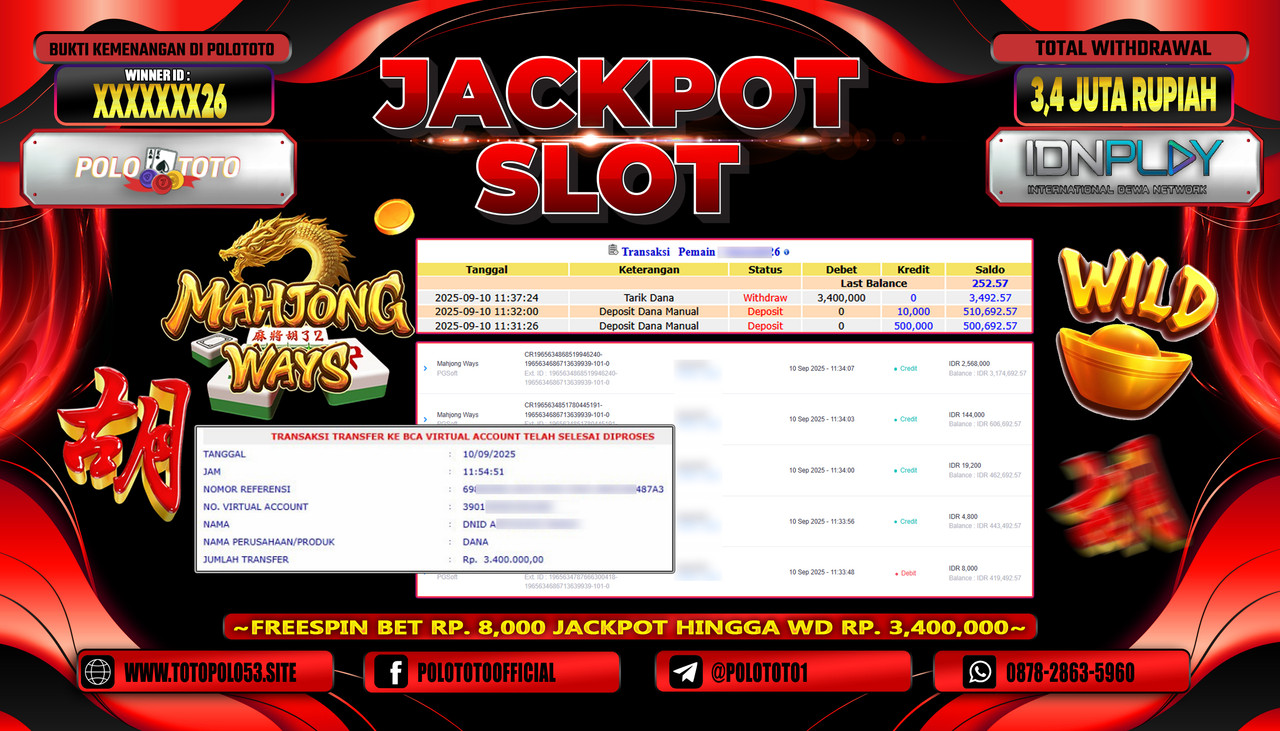 POLOTOTO JACKPOT SLOT MAHJONG WAYS Rp.3.400.000,- LUNAS