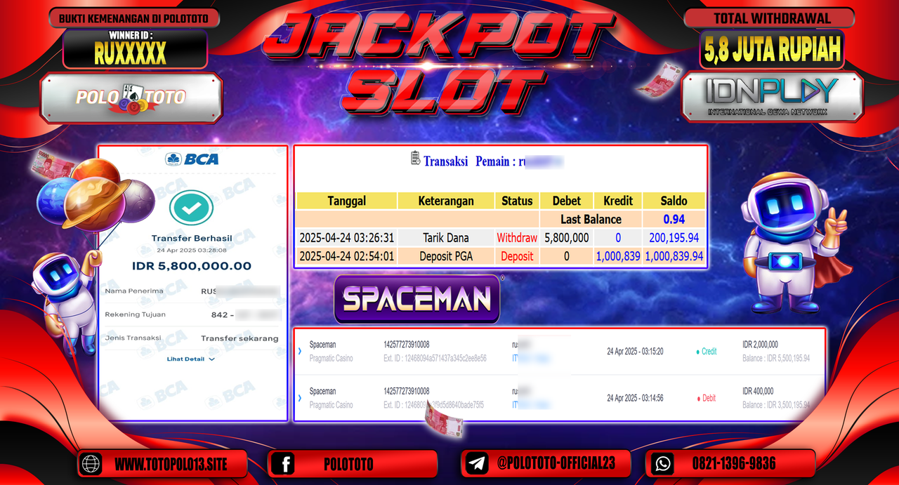 POLOTOTO JACKPOT SLOT SPACEMAN Rp.5.800.000,-