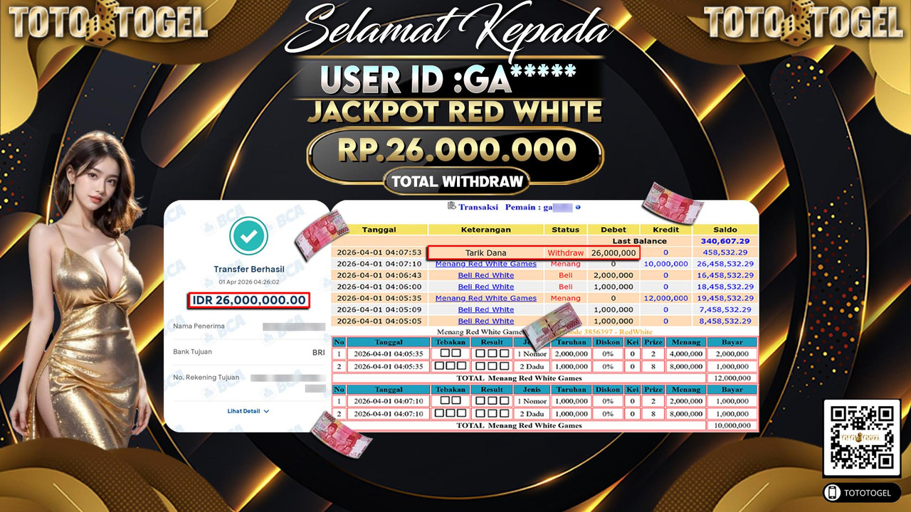 Bukti Pembayaran Jackpot Permainan Live Game Red White ID:GA*****LUNAS