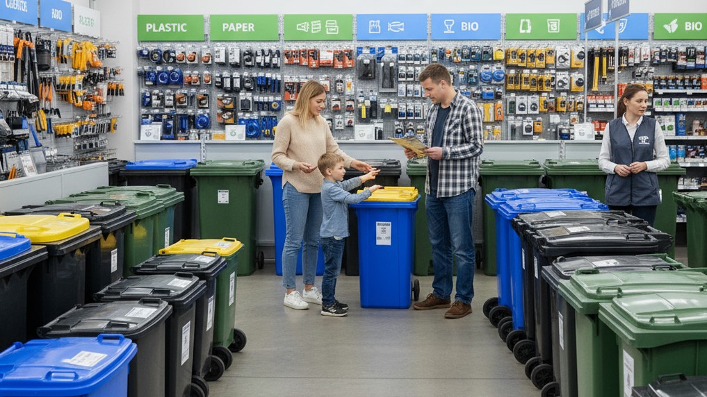 Выбор мусорных контейнеров для частного дома - семья покупает баки разного объема в магазине