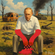 Putin, hands dripping with blood, sits on a stump amid a war-torn field.