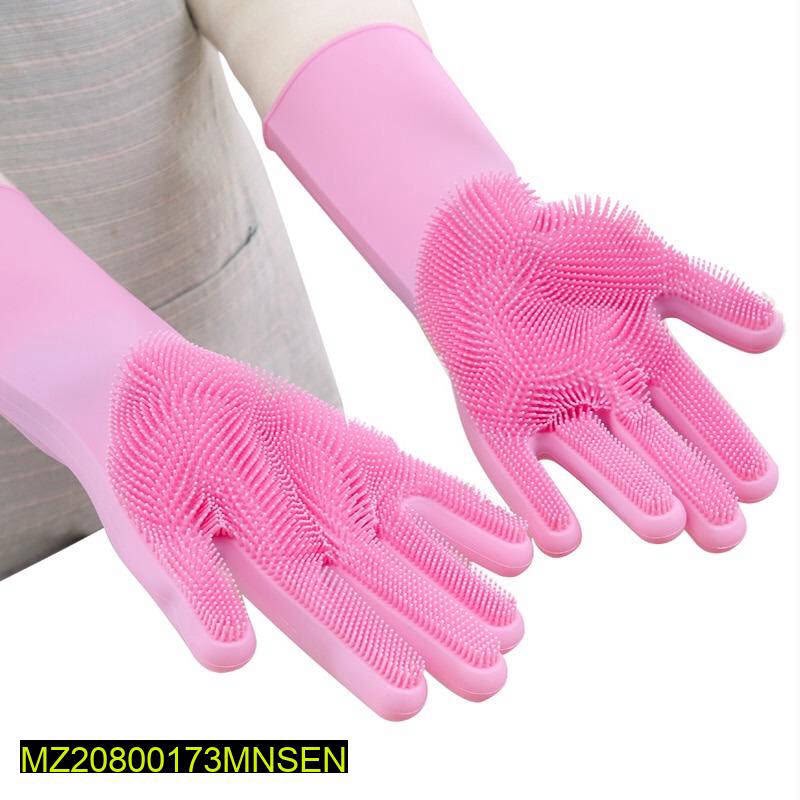 Reusable Silicone Dishwashing & Cleaning Gloves with Soft Bristles - Pink - Home & Living Luxury Pakistani Collection