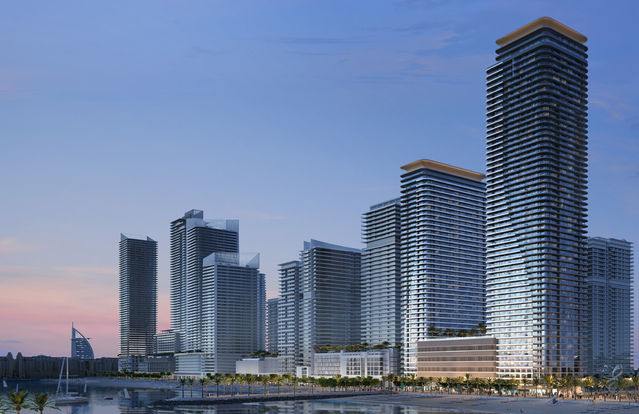 Seapoint - Tower 2 by Emaar at Emaar Beachfront Dubai featuring luxury twin waterfront towers overlooking the Arabian Gulf, Palm Jumeirah and Ain Dubai skyline — premium seaside residences highlighted as a Distress Deal opportunity