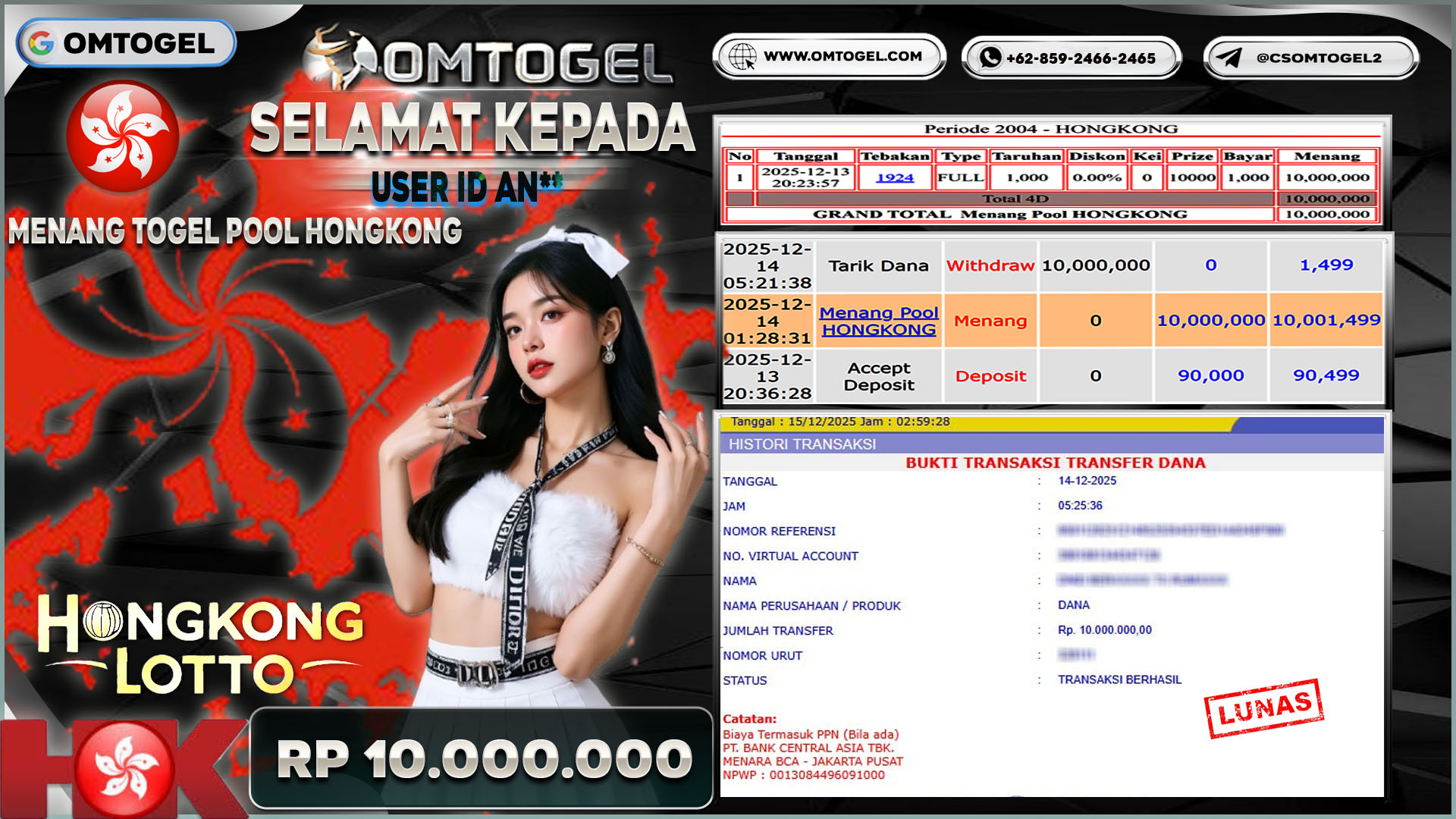 OMTOGEL JACKPOT TOGEL HONGKONG LOTTO WIN 4D ,10 JUTA DI BAYAR LUNAS ,-