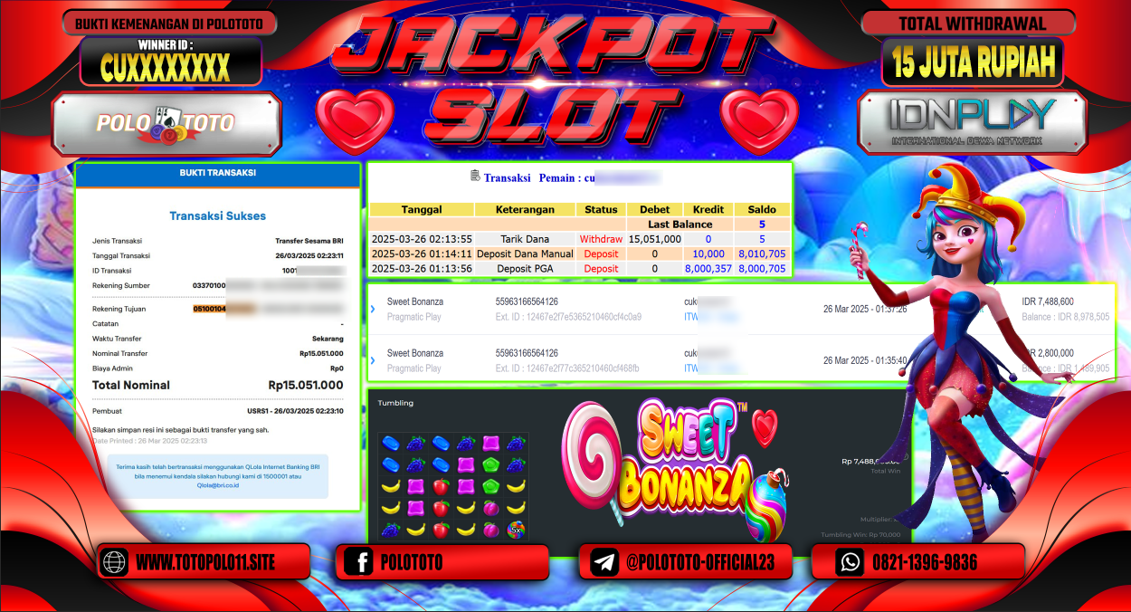 POLOTOTO JACKPOT SLOT SWEET BONANZA  Rp.15.000.000,- LUNAS