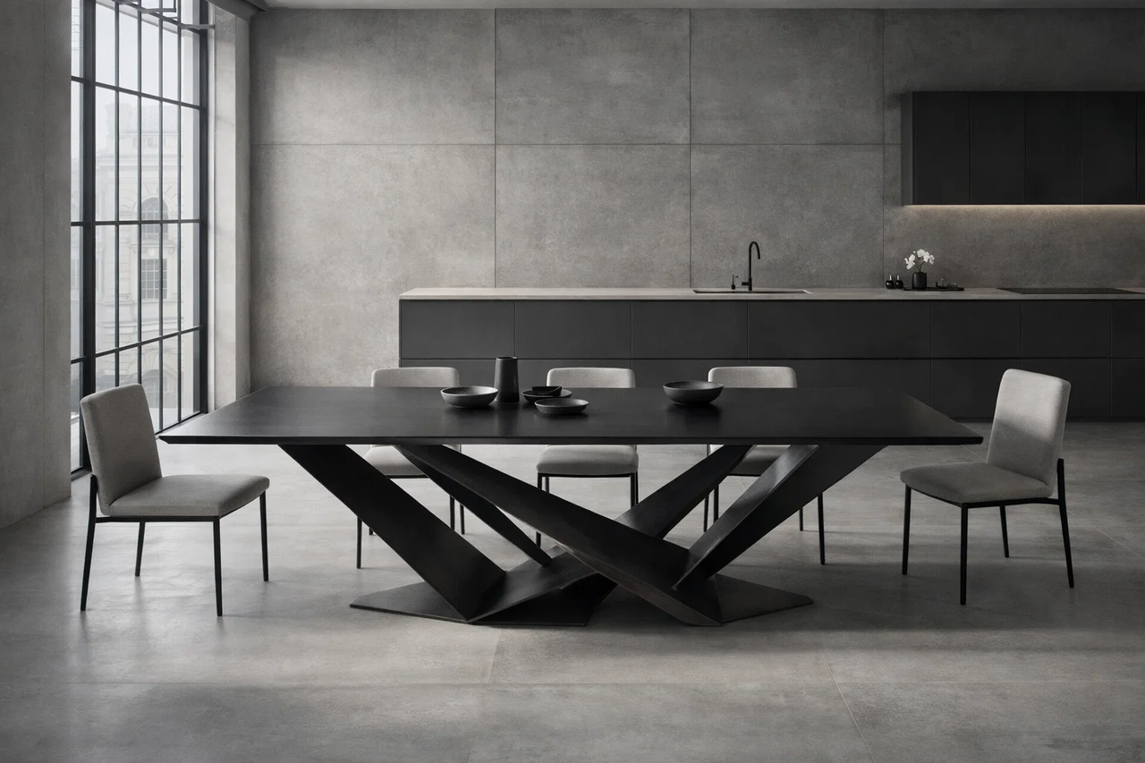 Monochrome kitchen-dining area with industrial accents.