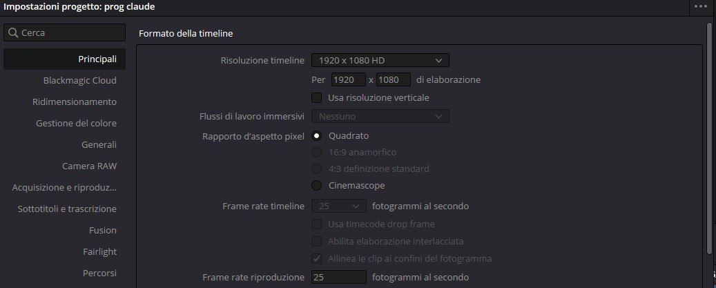 Impostazioni Progetto DaVinci Resolve 1