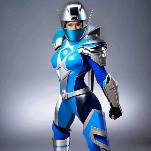 The new supervillain in town - in blue armor with a weird helmet and pack on her back