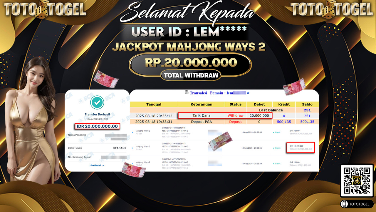 Bukti Pembayaran Jackpot Permainan Slot Mahjong Ways 2 ID:LEM***** LUNAS