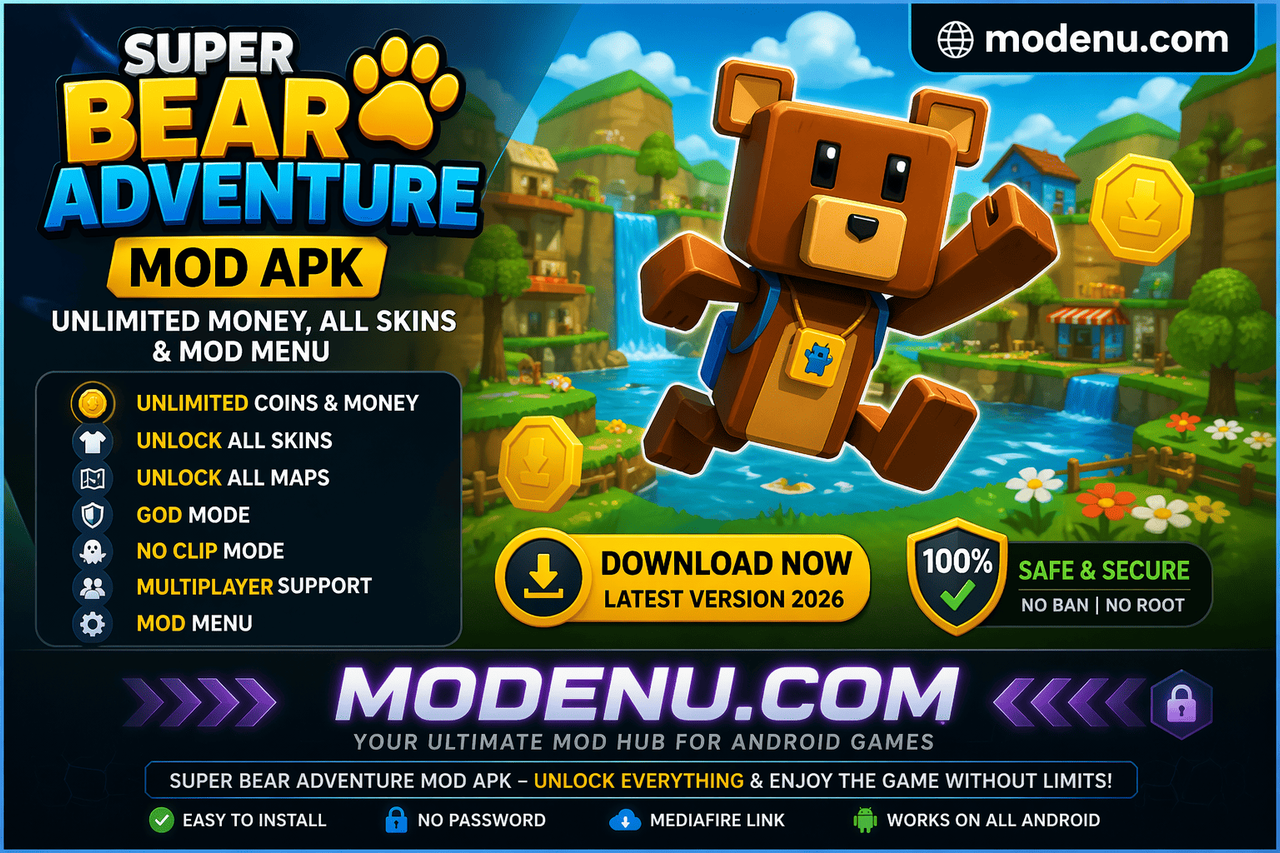 Super Bear Adventure Mod Menu 2026 unlimited money unlock all skins mod menu download
