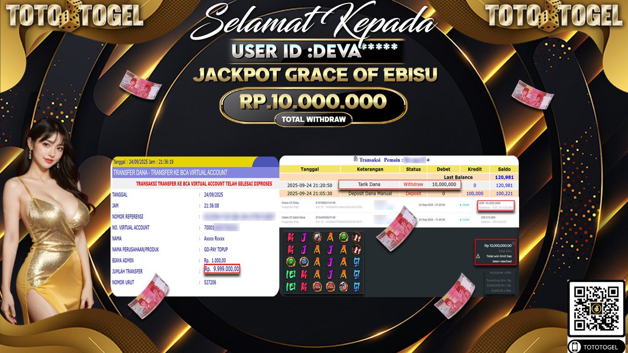 Bukti Pembayaran Jackpot Permainan Slot Grace Of Ebisu ID:DEVA*** LUNAS