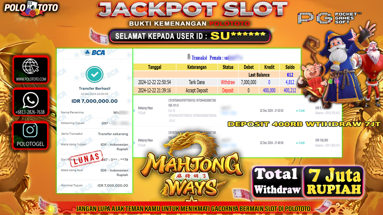 POLOTOTO JACKPOT SLOT MAHJONG WAYS Rp.7,000.000,-