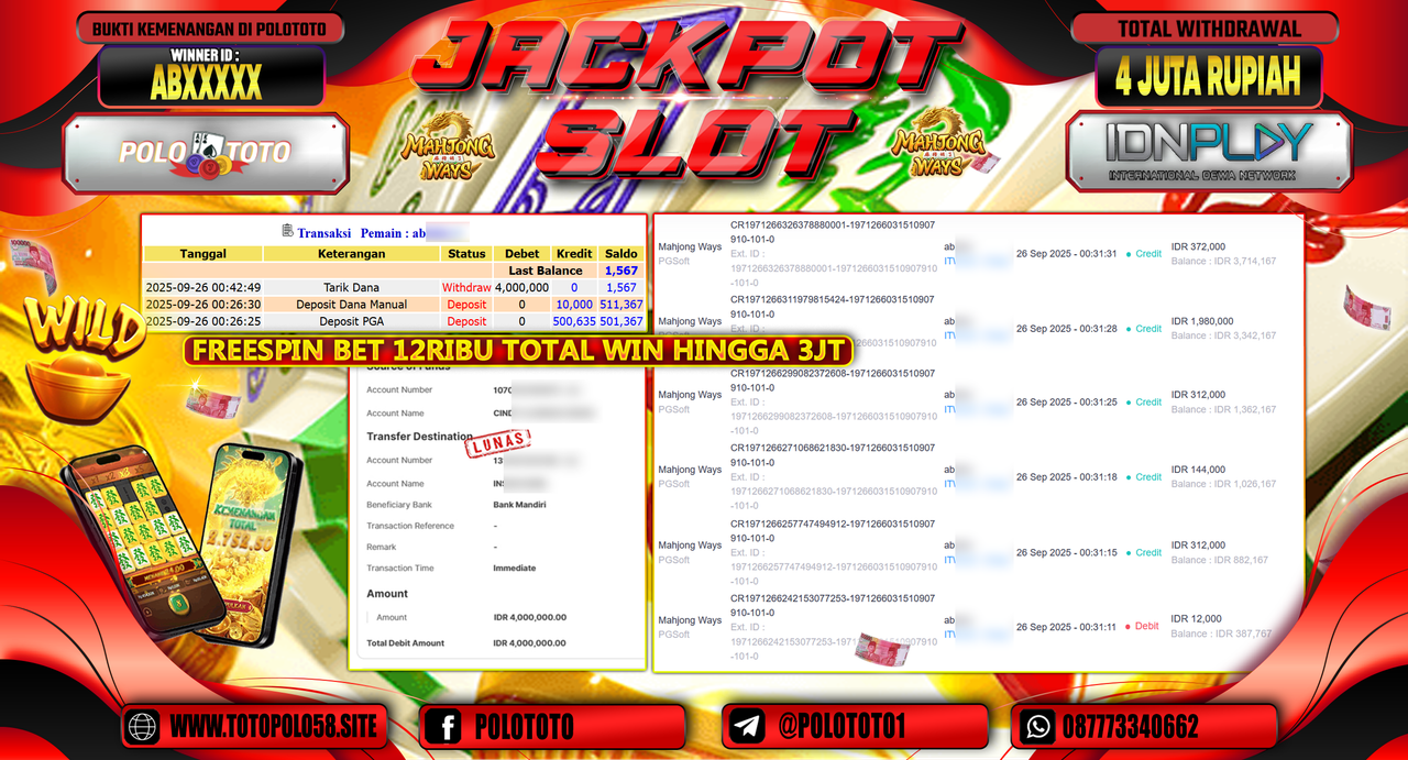 POLOTOTO JACKPOT SLOT MAHJONG WAYS Rp.4.000.000,- LUNAS