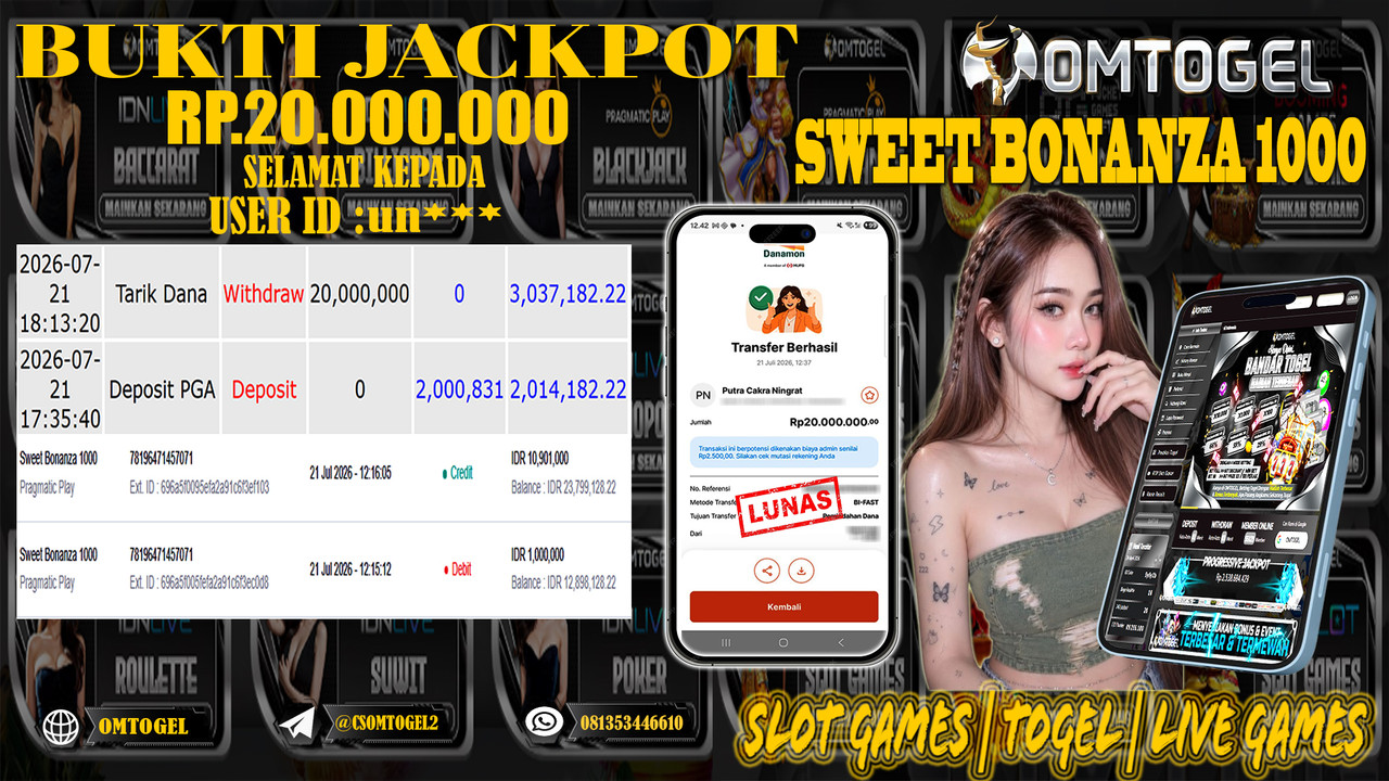 OMTOGEL JACKPOT PRAGMATICPLAY SWEET BONANZA 1000 Rp,20,000,000,- DIBAYAR LUNAS