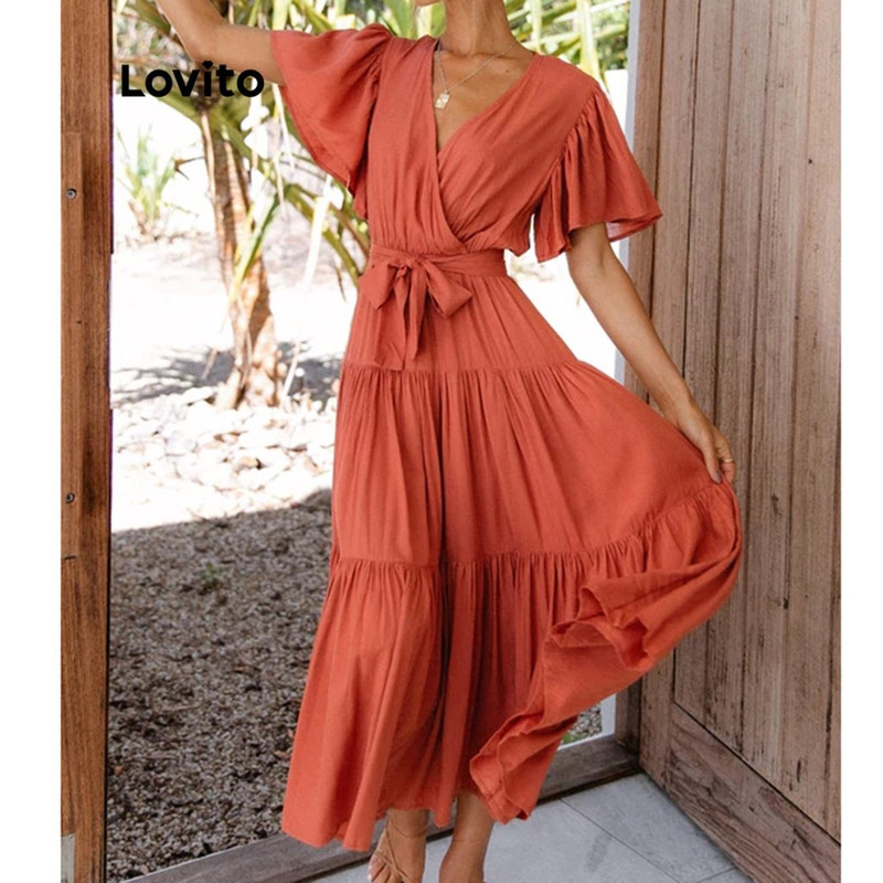 Lovito Boho Vestido Feminino Liso Maxi de Manga Curta com Babados Laço Frontal e Decote V LNE15159 (Laranja)