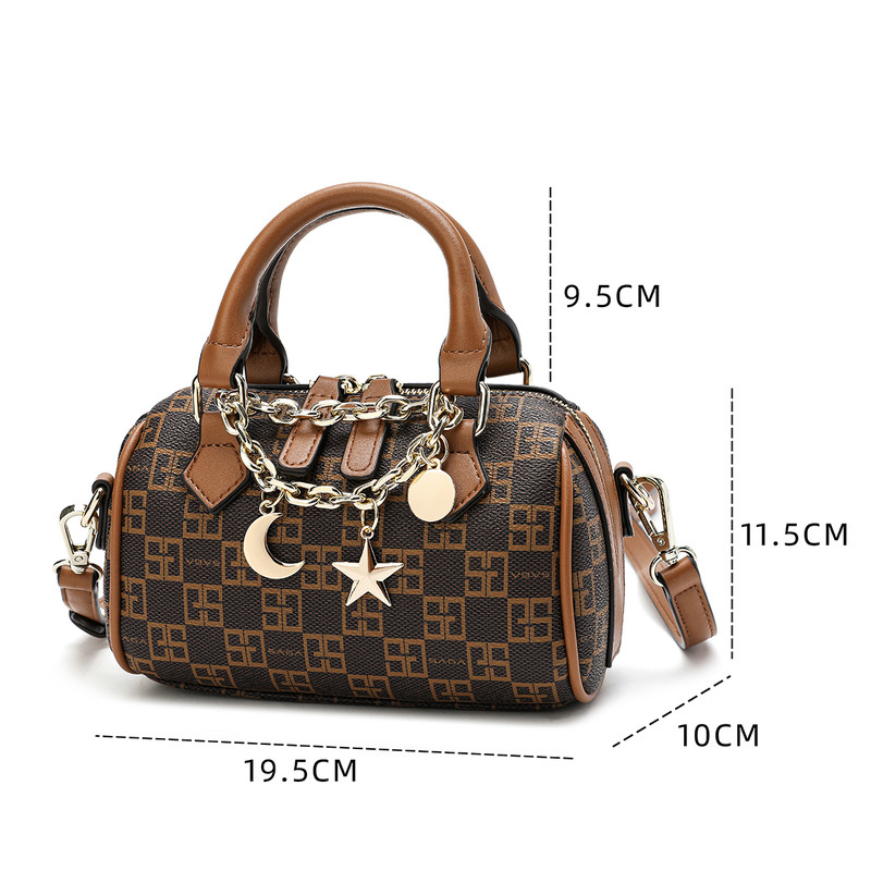 Women's handbag and crossbody bag with shiny accessories, brown color
