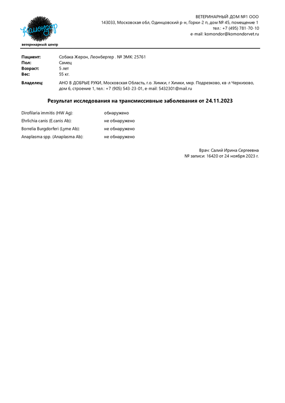 Результат исследования на трансмиссивные заболевания от 24.11.2023 (Жерон - АНО В ДОБРЫЕ РУКИ)