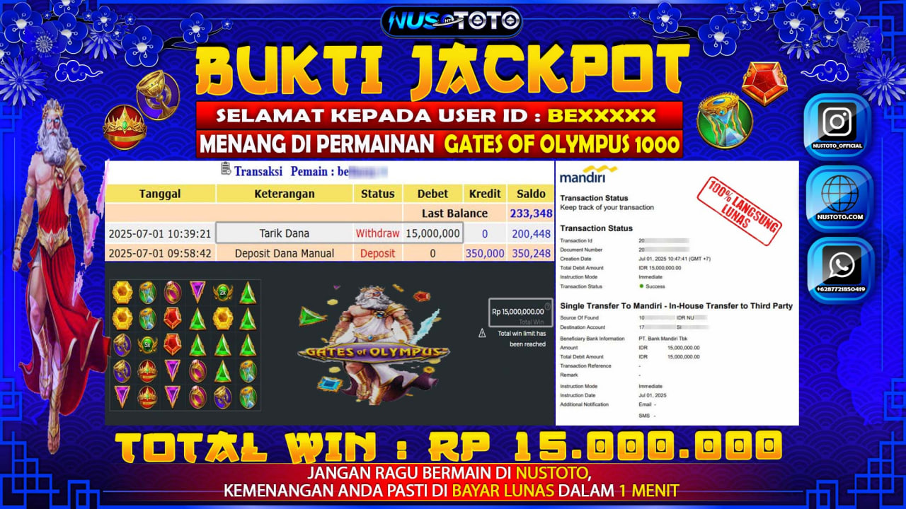 JACKPOT !! MENANG BESAR DI SLOT GATES OF OLYMPUS 1000 Rp. 15.000.000 LANGSUNG DI BAYAR LUNAS NUSTOTO !!