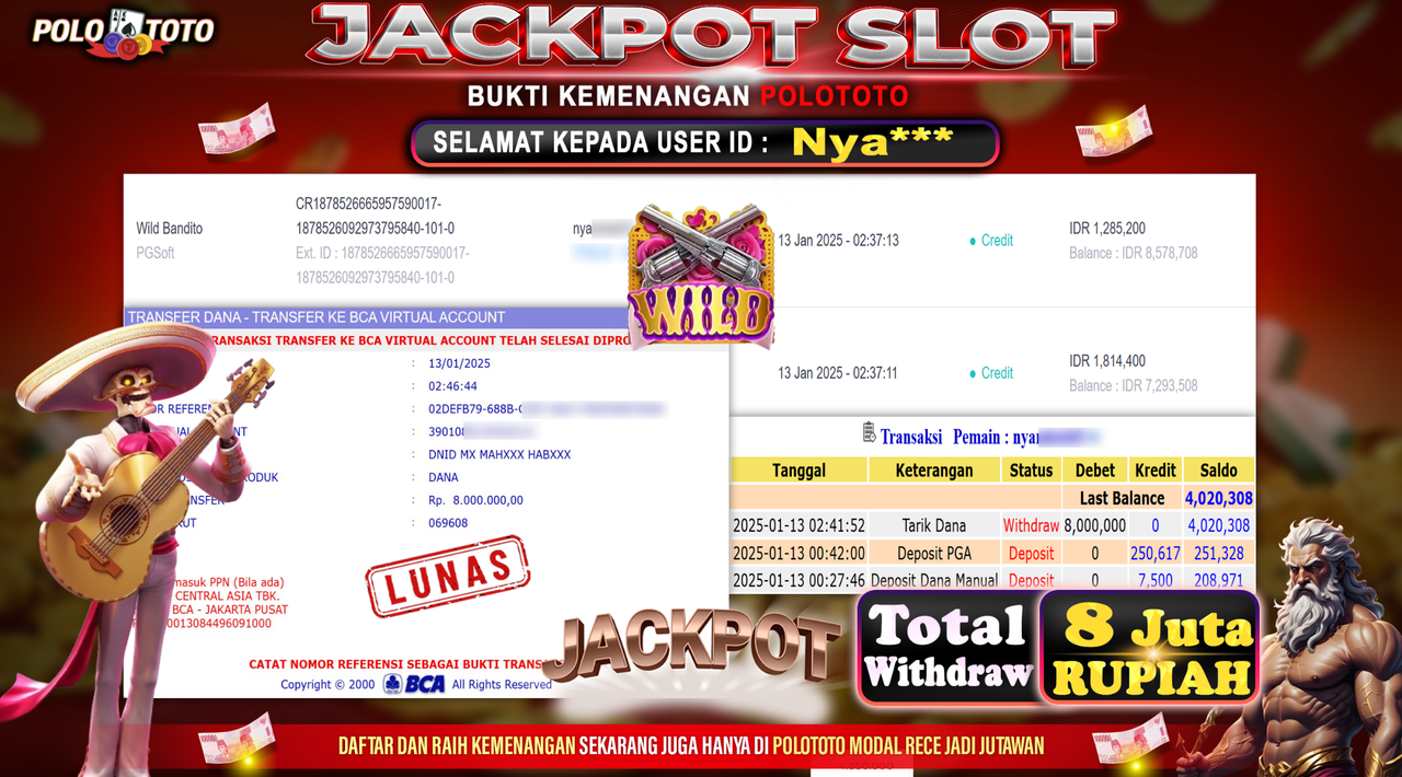 POLOTOTO JACKPOT SLOT WILD BANDITO Rp.8,000.000,-