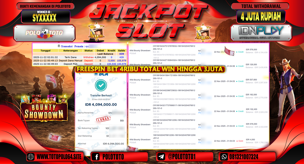 POLOTOTO JACKPOT SLOT WILD BOUNTHY SHOWDOWN Rp.4.000.000,- LUNAS