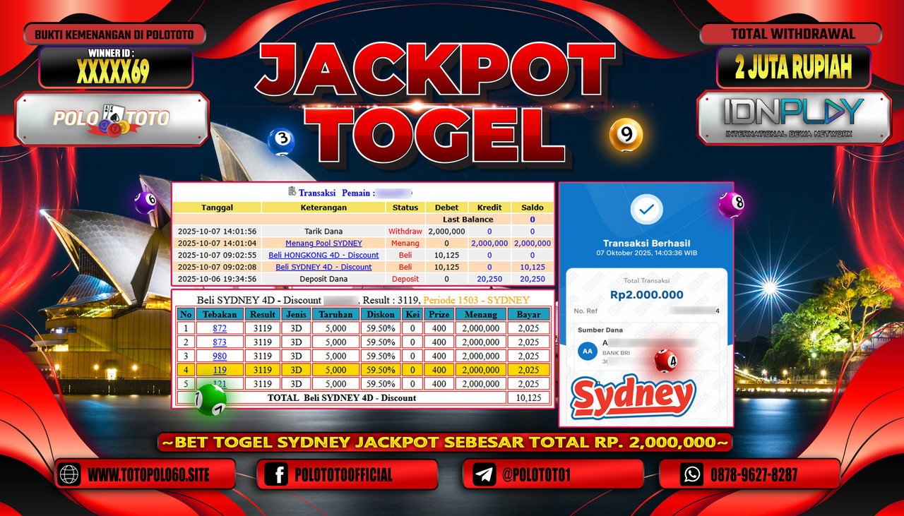 POLOTOTO JACKPOT TOGEL SYDNEY LOTTO Rp.2.000.000,- LUNAS