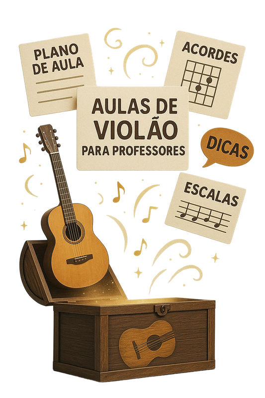 Arsenal de aulas de violão para professores com baú do tesouro e elementos musicais