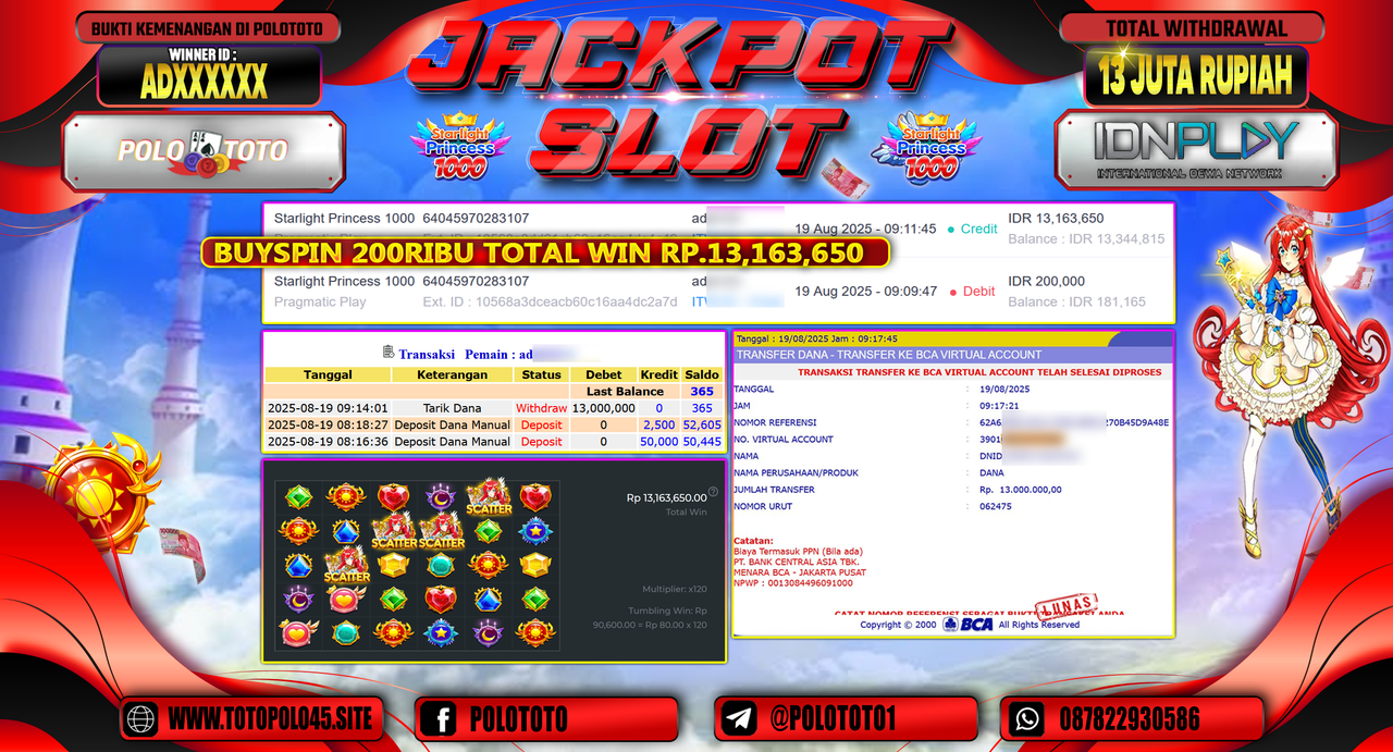 POLOTOTO JACKPOT SLOT STARLIGHT PRINCESS 1000 Rp.13.000.000,-
