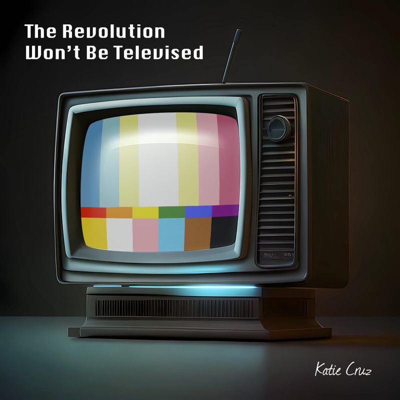 ai slop of a TV with the pedophile flag, I think some kind of trans flag and a rainbow between them displayed on the screen like color bars with the floating caption the revolution won't be televised and a fake signature from Katie Cruz