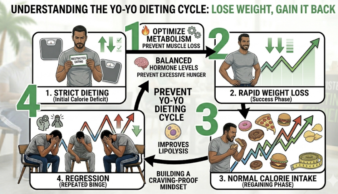 Weight scale with fluctuating graph in background illustrating the yo-yo dieting cycle of weight loss and regain