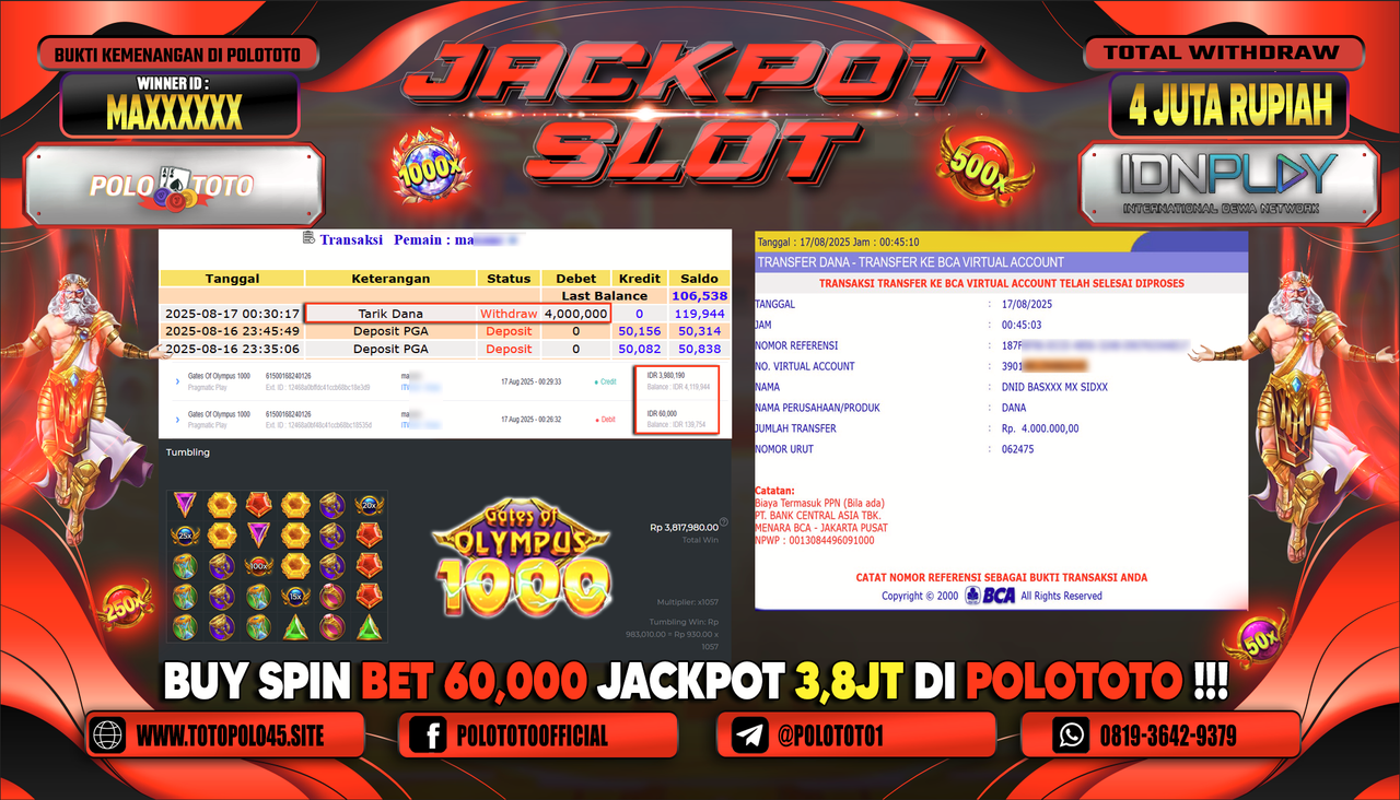 POLOTOTO JACKPOT SLOT GATES OF OLYMPUS 1000 Rp.4.000.000,-