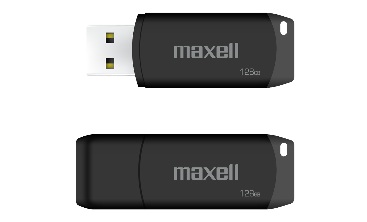 Memoria USB de 128GB de Maxell con diseño clásico y tapa.