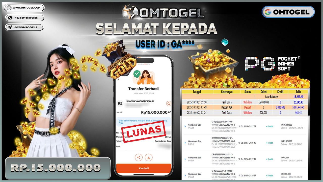 OMTOGEL JACKPOT PGSOFT GEMSTONES GOLD 15 JUTA DI BAYAR LUNAS ,-