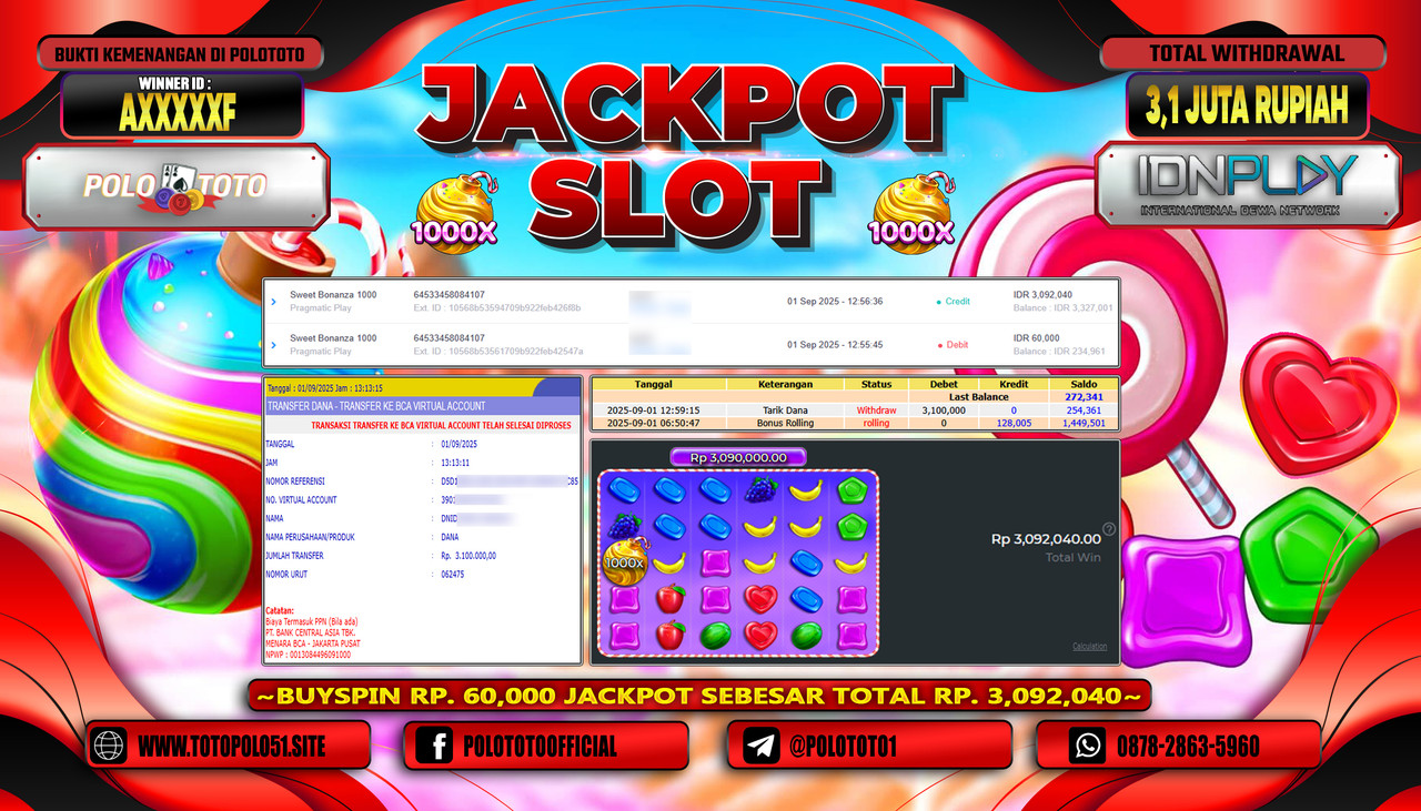 POLOTOTO JACKPOT SLOT SWEET BONANZA 1000 Rp.3.100.000,- LUNAS
