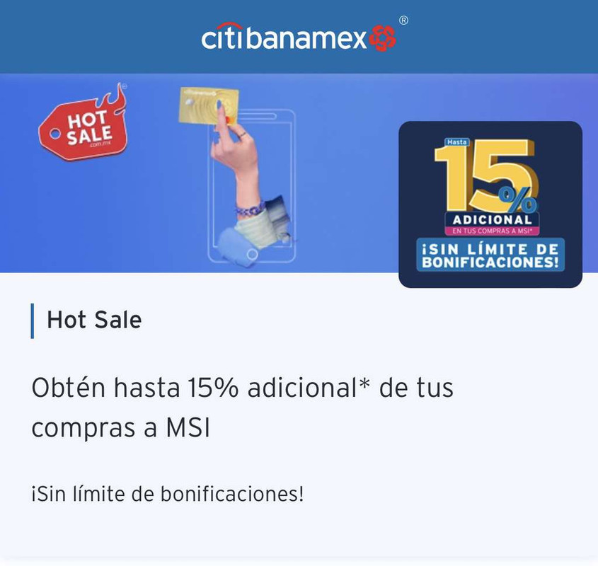 Banamex: 15% de bonificación adicional en compras el 24 de Mayo