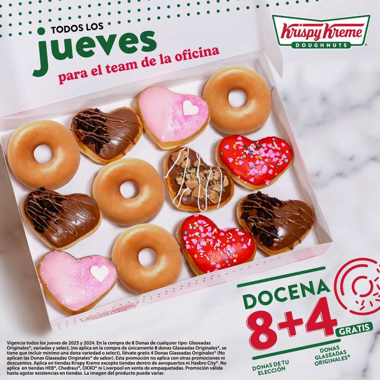 Krispy Kreme - 4 Donas glaseadas GRATIS en la compra de 8 donas de tu elección (todos los jueves) 
