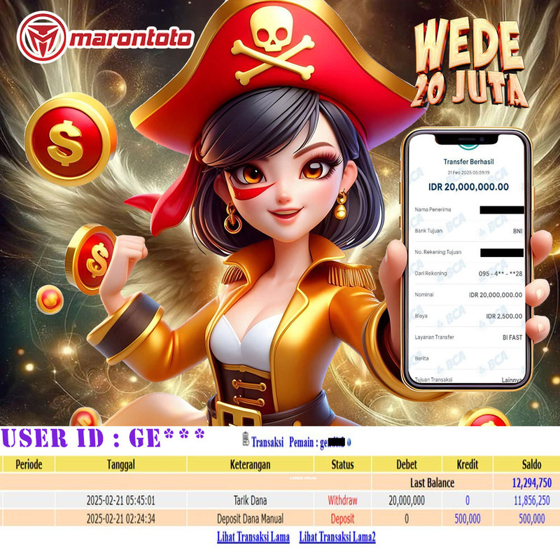 Bukti Kemenangan Member Marontoto Sebesar 20.000,000 JuTa