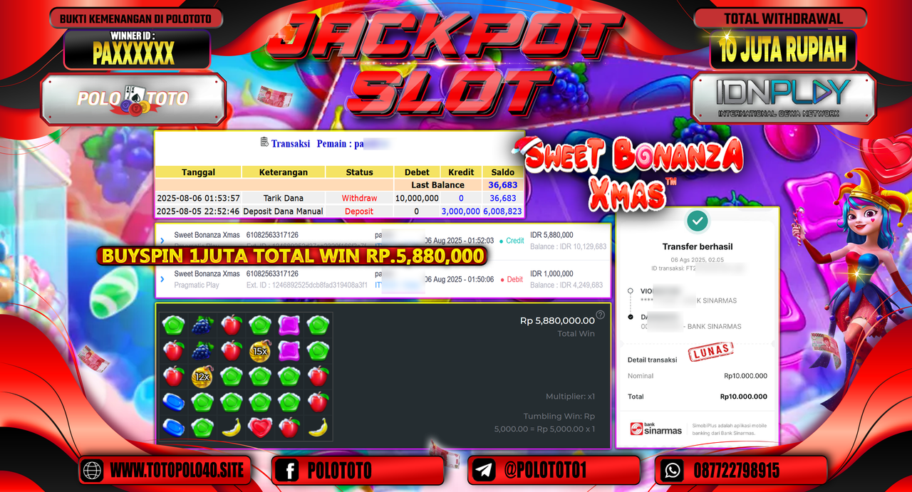 POLOTOTO JACKPOT SLOT SWEET BONANZA XMAS Rp.10.000.000,-LUNAS